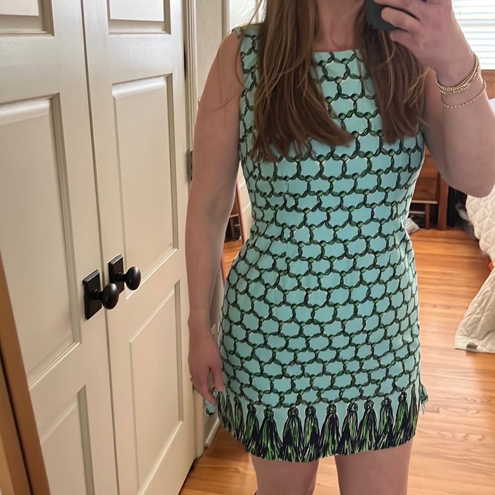 Lilly Pulitzer Evie blue green macrame print shift dress size 10